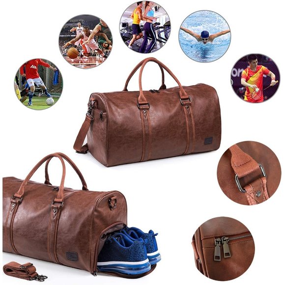 PU Leather Travel Bag with Shoe Pouch -Waterproof Weekender - Large Duffel Bag - Picture 2 of 6
